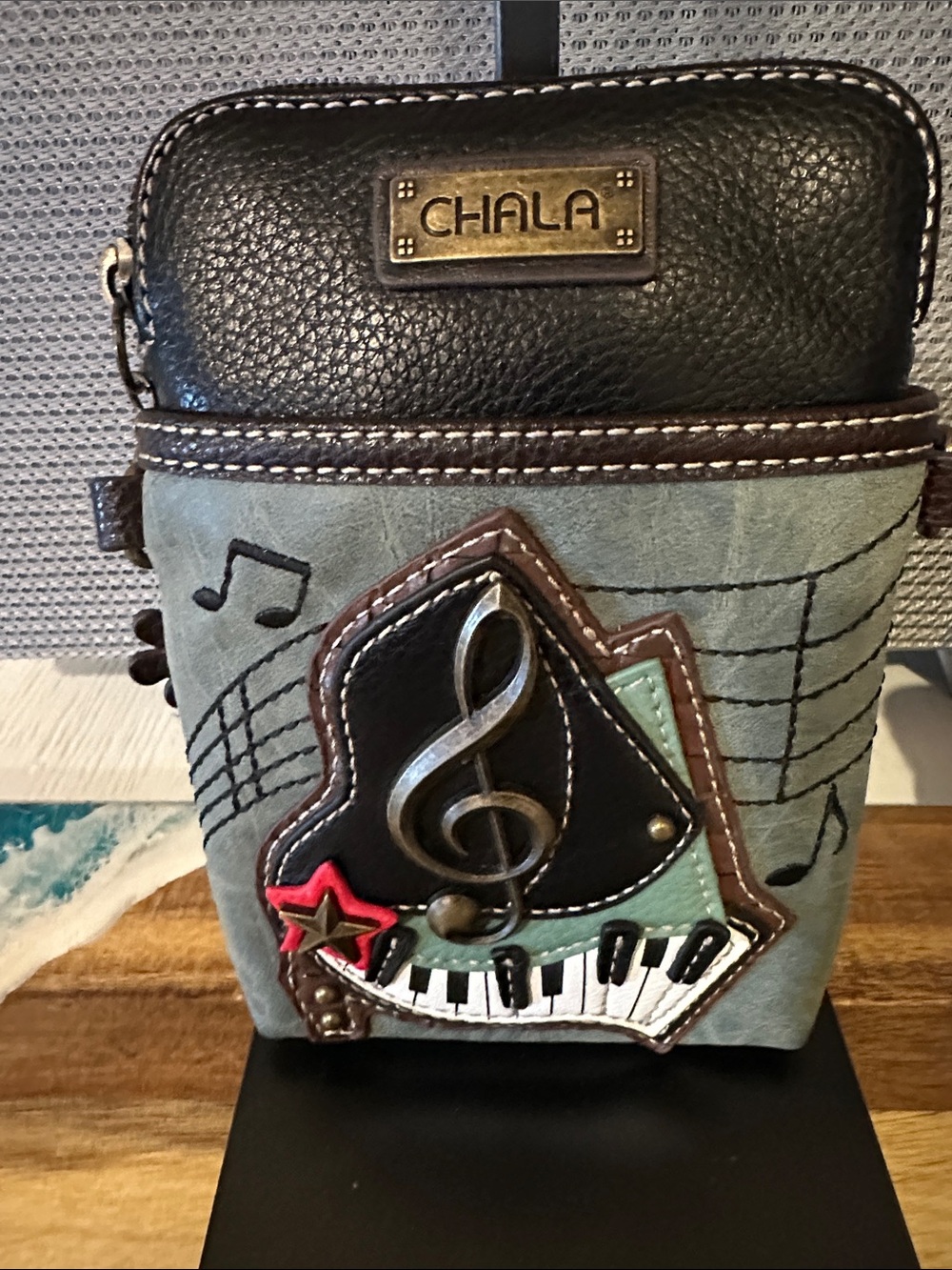 Chala Gray and Black Music Applique Crossbody Bag